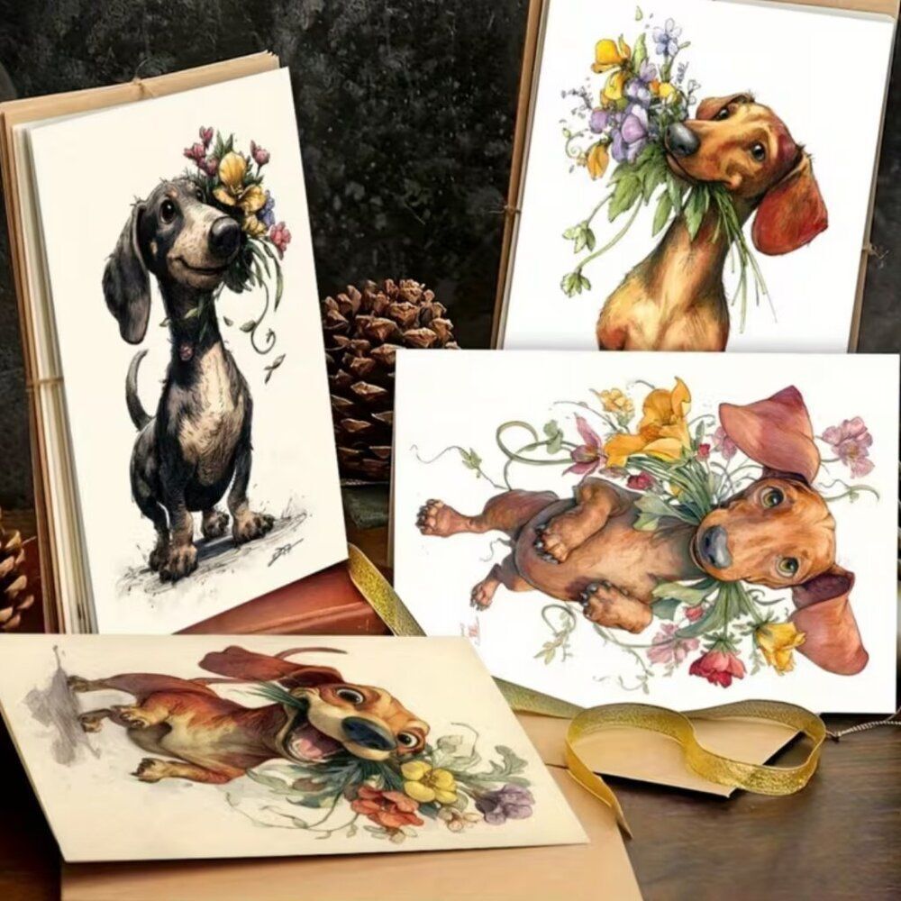 NWT Dachshund Puppy Flower Bouquet Greeting Cards Set 12 Pk 3.5x5 Envelopes Cute - Picture 2 of 8